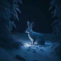 ai generado Conejo en el noche invierno bosque foto