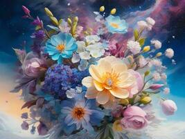 AI Generated Bouquet of multicolored flowers painting on full color background photo