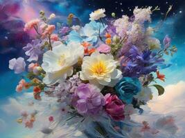 AI Generated Bouquet of multicolored flowers painting on full color background photo