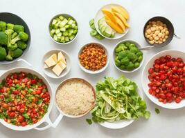 AI Generated flat lay heathy cooking. food in a plate photo