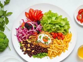 AI Generated flat lay heathy cooking. food in a plate photo