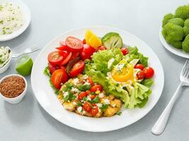 AI Generated flat lay heathy cooking. food in a plate photo