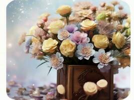 AI Generated flowers set. beautiful luxury bouquet in the box. the work of the florist at a flower shop. photo