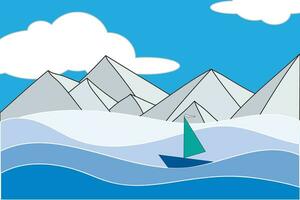 Abstract view boat on blue wave and mountain with sky and cloud background. vector