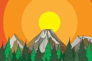 Abstract view of mountain with pine forest and sun sky background. vector