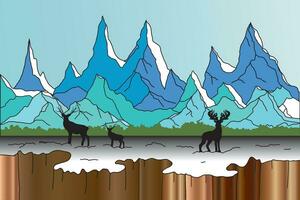 Abstract of silhouette deers and blue mountain with empty sky background. vector