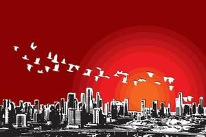 Abstract silhouette of city with red sun on red background. vector