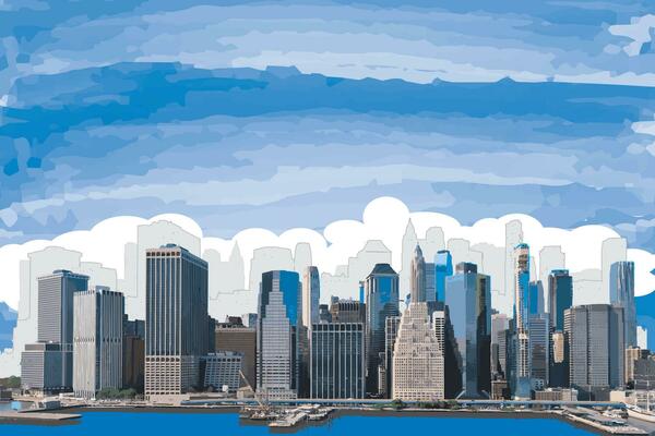 illustration view of city with clouds on the sky background.