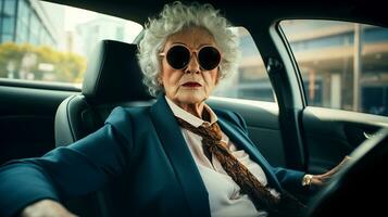 AI generated Beautiful old lady driving a car. An elderly confident woman drives a car. photo