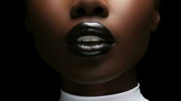 AI generated Close up of a female face with black lips. Closeup portrait of a beautiful African American woman with dark make up on black background. photo