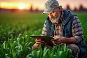 AI generated A modern farmer in a corn field using a digital tablet. Generative Ai. photo