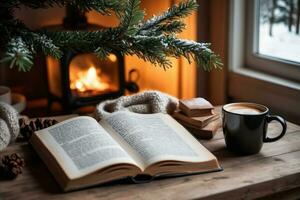 AI generated Winter home cozy concept with coffee and book photo