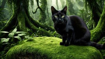 ai generado un linda negro gato en el bosque sentado en un cubierto de musgo rock foto