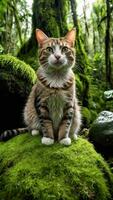 ai generado un linda gato en el bosque sentado en un cubierto de musgo rock foto