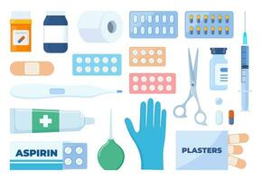 First Aid Kit elements, set. Medical help items. Plasters, pills, bandage, aspirin, thermometer, gloves, syringe, painkiller. Elements for medical infographics. Vector illustration.
