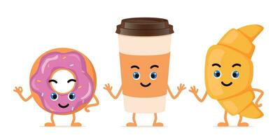 Funny characters croissant, donut and cup of coffee for menu, banner. Breakfast, food, bakery concept. Funny food. Cute stylish characters. Vector illustration.