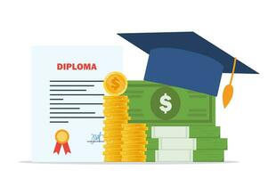 Investment in education. Scholarship. Books, graduation hat and stack of coins and banknotes. Graduation cap on books stack. Concept of global business study. Vector illustration.