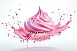 AI generated Cupcake with pink dripping frosting and splash on a white background. Generated by artificial intelligence photo