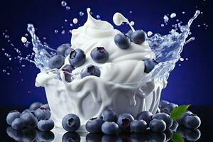 AI generated A splash of milk with ripe blueberries. Generated by artificial intelligence photo