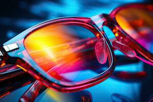 AI generated Close-up of glasses in neon light. Generated by artificial intelligence photo