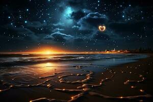 AI generated Night seascape with a glowing heart in the cloudy sky. Romantic composition. Generated by artificial intelligence photo