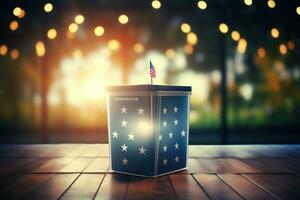 AI generated Voting box against golden bokeh background. US elections concept. Generative AI photo