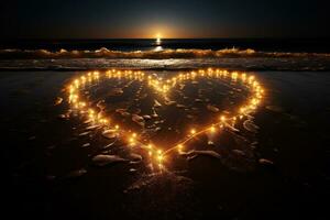 AI generated Heart shape made of lights on the beach at sunset. Generated by artificial intelligence photo