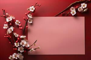 AI generated Blank sheet for congratulations with a sakura branch on red background. Congratulatory background photo