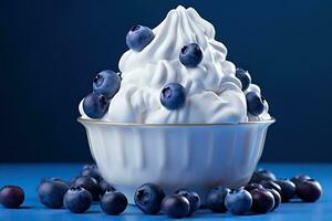 AI generated Bowl with whipped cream and blueberries on a blue background. Generated by artificial intelligence photo