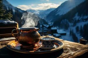 AI generated A glass of hot mulled wine with spices on a wooden tabletop with a view of the mountains. Generated by artificial intelligence photo