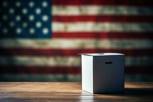 AI generated Ballot box on a wooden table with a blurred usa flag in the background. Generative AI photo