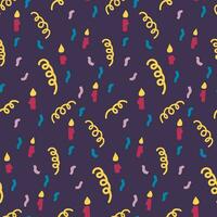 Happy birthday seamless pattern with candles and confetti. Hand drawn elements in childish minimalistic style on dark background. Trendy print design for textile, wallpaper, interior decoration vector