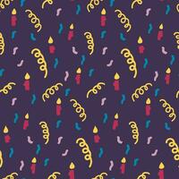 Happy birthday seamless pattern with candles and confetti. Hand drawn elements in childish minimalistic style on dark background. Trendy print design for textile, wallpaper, interior decoration vector