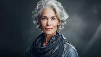 AI generated ai generative illustration of a best ager model with gray hair, woman portrait against gray background photo