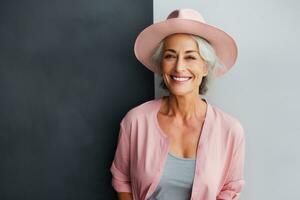 AI generated ai generative illustration of a mid aged woman wearing a pink hat against gray background photo