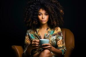 AI generated ai generative illustration of a dark skinned model with curly hair holding a coffee cup photo