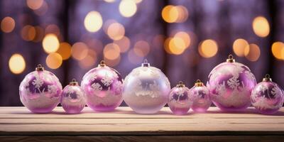 AI generated ai generative illustration of a row of magenta christmas baubles on a wooden table against golden bokeh photo