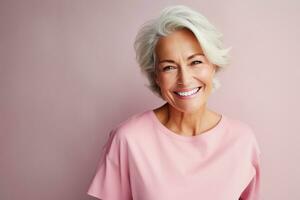 ai generado ai generativo ilustración de un mujer con gris pelo vistiendo un rosado camiseta, mejor ager modelo foto