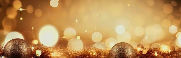 AI generated ai generative, golden christmas baubles background banner with shiny bokeh and copy space photo