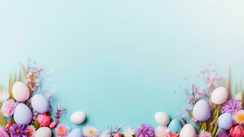 AI generated ai generative illustration of a spring easter background in light blue with small easter eggs and flowers decorated photo