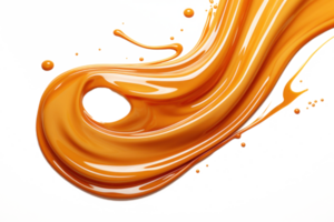 AI generated Splash of melted caramel sauce isolated on transparent background. Brown toffee wave splashing with droplets. Tasty confectionary png