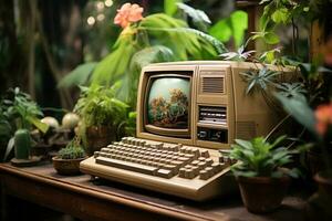 AI generated Vintage personal computer on desktop photo