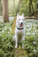 White Siberian Husky with piercing blue eyes fed by his owner while the dog sits in a tree. Candid portrait of a white snow dog photo