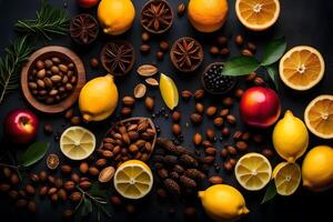 AI generated various fruits and nuts on a black background photo