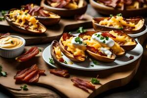 AI generated baked potatoes with bacon and cheese photo