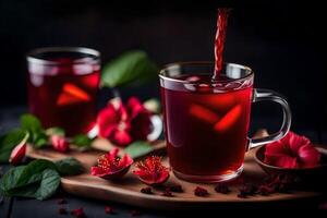 AI generated red tea with hibiscus flowers and leaves on a dark background photo