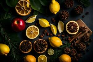ai generado limón, canela, clavos de olor, canela palos, un manzana, y un naranja en un negro foto