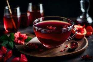 AI generated a cup of tea with pomegranate leaves and flowers photo