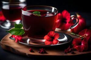 ai generado un taza de té con rojo flores y hojas foto