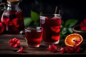 ai generado rojo té con naranja rebanadas y flores en un de madera mesa foto